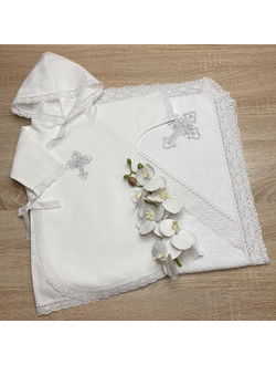 Тёплый крестильный набор  "Светлое Таинство": рубашка с капюшоном + махровое полотенце 100х100 см с уголком, можно вышить имя