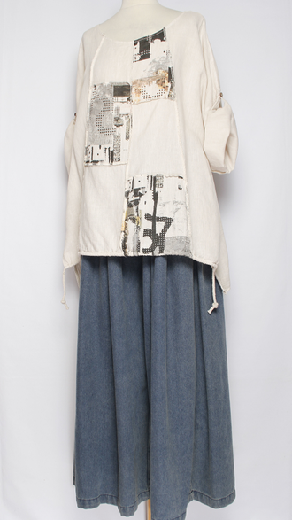 БЛУЗА ЛЁН КИМОНО "ГОРОД"  белая, св. бежевая до р.56