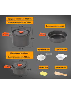 Набор туристической посуды #AL300 комплект: кастрюля, сковорода, тарелка, шумовка, лопатка, губка для мыться посуды (материал: анодированный алюминий, полипропилен)