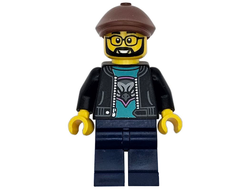 Race Truck Driver - Male, Black Jacket over Dark Turquoise Shirt with Hawk Head Logo, Dark Blue Legs, Reddish Brown Flat Cap, Beard, Glasses, n/a (cty1743)