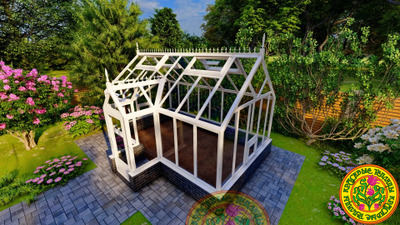 Базовая комплектация теплицы в английском стиле с холлом из стекала и алюминия ЕЛИЗАВЕТА М размером 5000 х 3000 мм