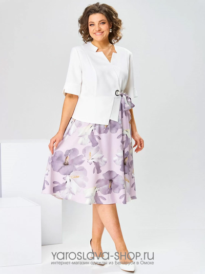 Платье-имитация костюма с белым жакетом и юбкой лавандового цвета