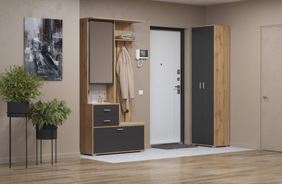 Антре 65.08 Шкаф для прихожей с зеркалом Дуб вотан/диамант серый/ДВПО белый/ткань велюр велутто кремовый 18