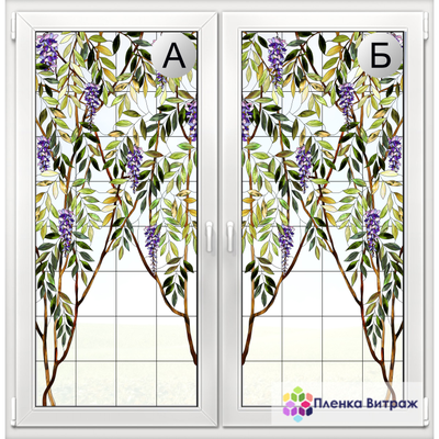 Витражная пленка, витражная пленка самоклеющаяся под заказ,пленочный витраж флора глициния