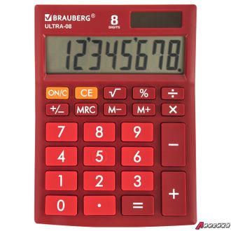 Калькулятор настольный BRAUBERG ULTRA-08-WR, КОМПАКТНЫЙ (154×115 мм), 8 разрядов, двойное питание, БОРДОВЫЙ. 250510