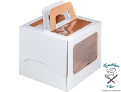 Коробка для торта с ручкой и окошком, 220*220*200 мм, белая гофрокартон