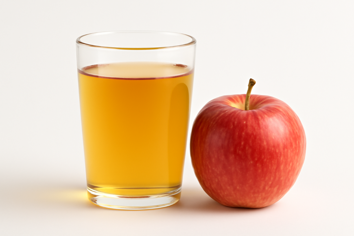 Стакан яблочного сока рядом с яблоком на белом фоне