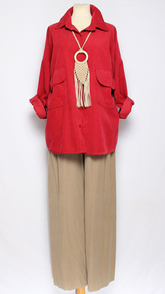 Рубашка Бохо вельветовая "КАРМАНЫ КЛАПАНЫ"  красная до р.54