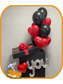 Воздушные шары гелевые Сердечки красные в чёрной коробке сюрприз