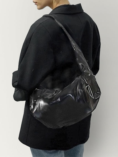 (АРТИКУЛ: 9702/1/5) СУМКА-МЕШОК ЖЕНСКАЯ, БОЛЬШАЯ, НАТУРАЛЬНАЯ КОЖА С ГЛЯНЦЕМ, ЧЕРНАЯ, ЧЕРЕЗ ПЛЕЧО