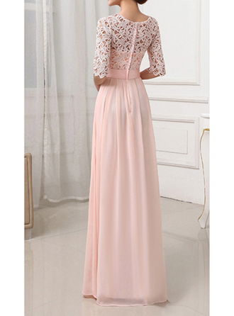 Закрытое вечернее платье в пол с кружевными рукавами А-силуэта розовое CB-9958-1