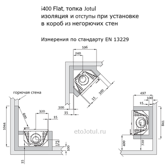 Облицовка топки Jotul i400 Flat суперизолом, короб из негорючих стен, необходимые отступы и изоляция