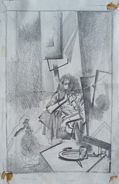 "Девочка и кот" бумага тушь Кравцов Г.Т. 1970-е годы