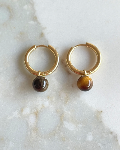 Серьги-кольца с подвеской из тигрового глаза цвет золото A&C (Норвегия)