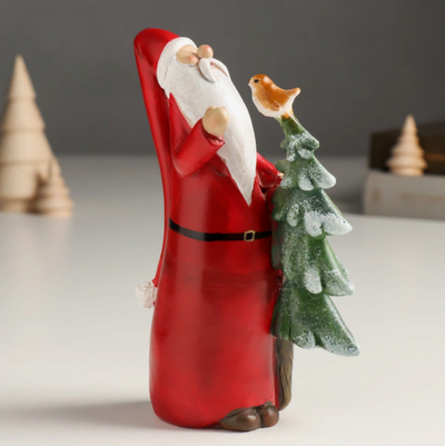 Новогодний сувенир "Дед Мороз с ёлочкой и птичкой", 6х6х17 см