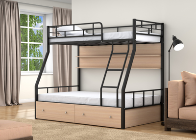 Двухъярусная кровать Раута Черный ящики полка дуб молочный фото