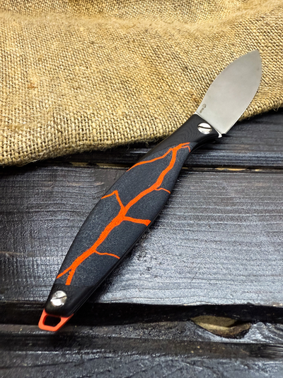 Фрикционный складной нож Канадец Большой сталь ELMAX, рукоять G10/микарта оранжевая молния