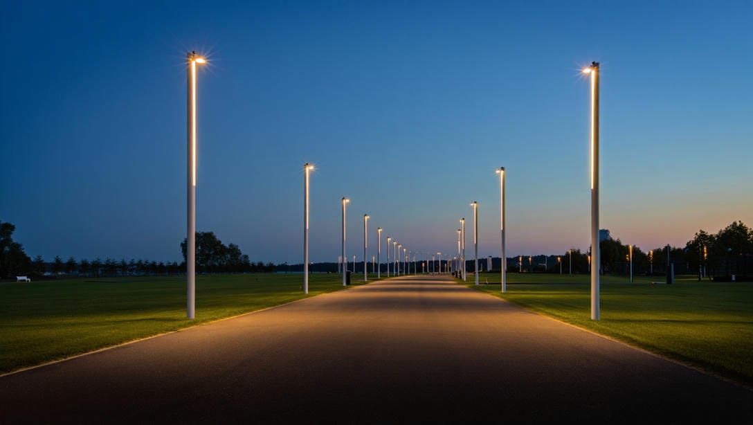 Готовая и правильно установленная линия опор освещения в городском парке вечером.