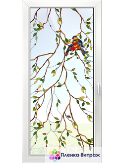 Витражная пленка, витражная пленка самоклеющаяся под заказ,пленочный витраж флора с птицами