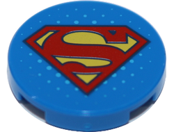 Tile, Round 2 x 2 with Bottom Stud Holder with Red and Yellow Superman 'S' Logo Pattern, Blue (14769pb177 / 6174076)