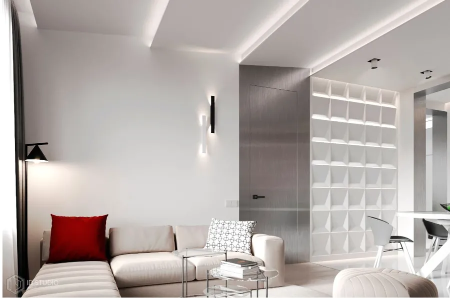 Визуализация гостиной с 3d панелями индивидуального дизайна, проект компании "Interior Decision Studio". Источник: www.id-ag.ru/po2