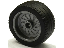 Wheel 18mm D. x 12mm with Axle Hole and Stud with Black Tire 24 x 12 Low 18976 / 18977, Flat Silver (18976c01)