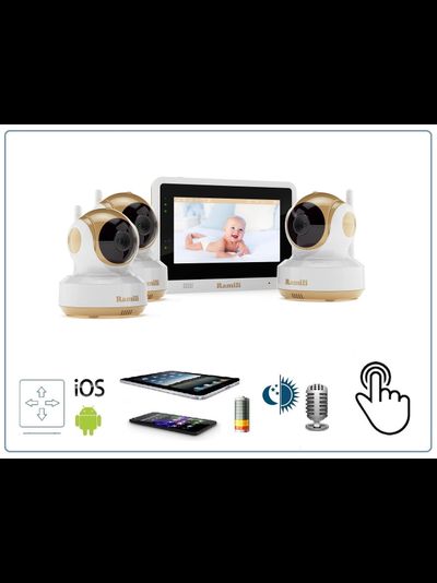 Wi-Fi видеоняня Ramili Baby RV1500x3 с сенсорным монитором и тремя поворотными видеокамерами, просмотр с моильных устройств., HD
