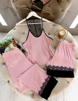 Домашняя одежда Виктория Сикрет 4в1 трикотаж в рубчик цвет розовый