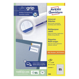 Этикетки А4 универсальные самоклеящиеся Avery Zweckform, белые, 38x21.2мм, 65шт/л, 3666