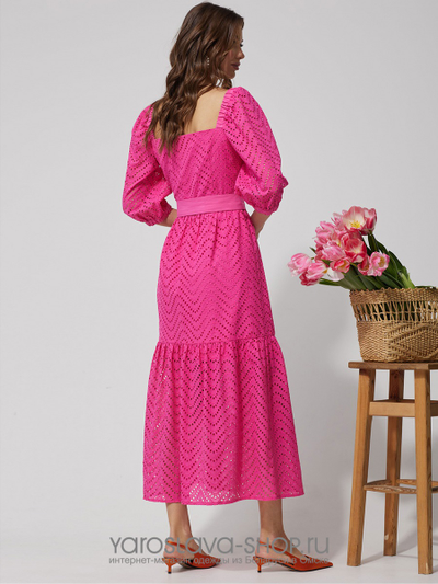 Нарядное платье с воланом из хлопка, ткань-шитьё малинового цвета