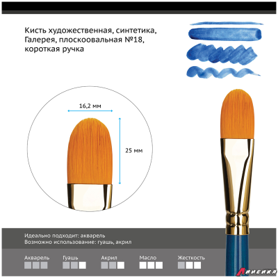 Кисть художественная синтетика Гамма "Галерея", плоскоовальная №18, короткая ручка. 303018