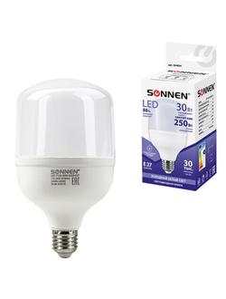Лампа светодиодная SONNEN, 30 (250) Вт, цоколь Е27, цилиндр, холодный белый, 30000 ч, LED Т100-30W-6500-E27, 454924