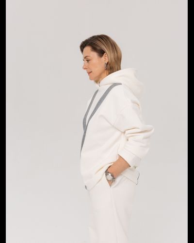 Худи из велюрового футера с декоративной вставкой (белоснежный)