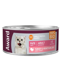 AWARD (Эворд) влажный корм (консерва) паштет для кошек индейка и овощи, 100 г