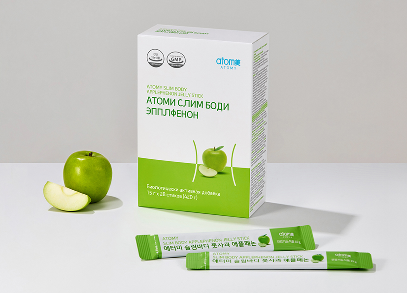 Упаковка Атоми Слим Боди Эпплфенон с яблочными желе-стиками для контроля веса