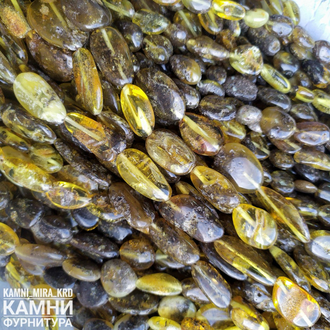 Янтарь лечебный тёмно-зелёный с включениями (мох, тина), оливы фри-форм, размер в ассортименте, цена за нить 20 см