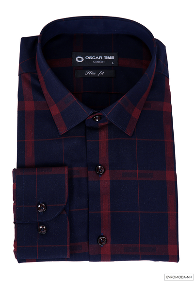 Рубашка мужская Oscar-time Slim JY86548 темно-синяя в крупную бордовую клетку. Оскар тайм