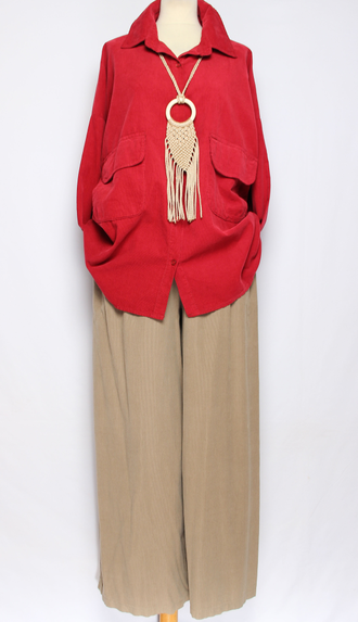 Рубашка Бохо вельветовая "КАРМАНЫ КЛАПАНЫ"  красная до р.54