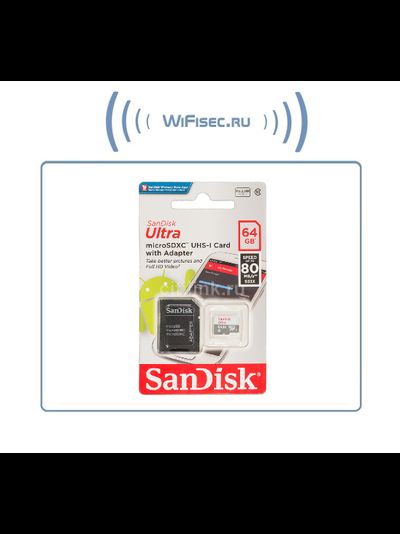 Карта памяти microSDXC UHS-I SANDISK Ultra 80 64 ГБ, 80 МБ/с, 533X, Class 10, SDSQUNS-064G-GN3MA, 1 шт., переходник SD