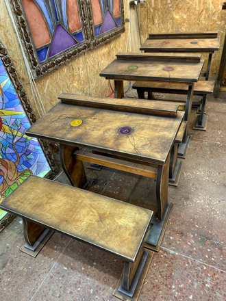 Desks, teacher stand