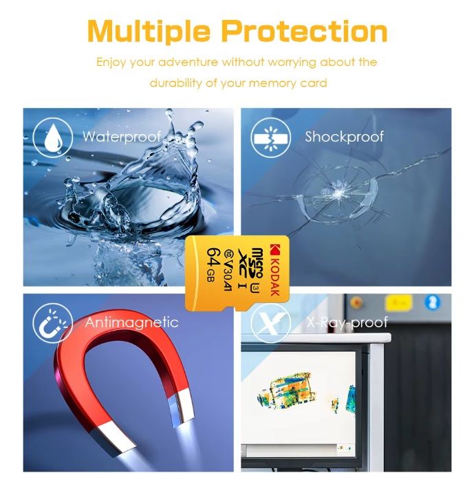 Карта памяти Kodak Micro SD, класс 10, UHS-1 U3 V30 A1 на 64 ГБ, чтение 100 МБ/с, запись данных 90 М
