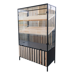 Витрина для кофейни с каркасом из ЛДСП и металла, стеклянными стенками и полками из дерева