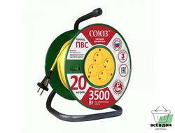 СОЮЗ силовой удлинитель на пласт. катуш. ПВС 2х1.5 4 роз. 20 м 16А 481S-3302