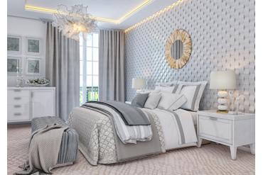 Стеновая панель из массива дуба "Змейка белая эмаль" (артикул 1015-ST) в интерьере спальни