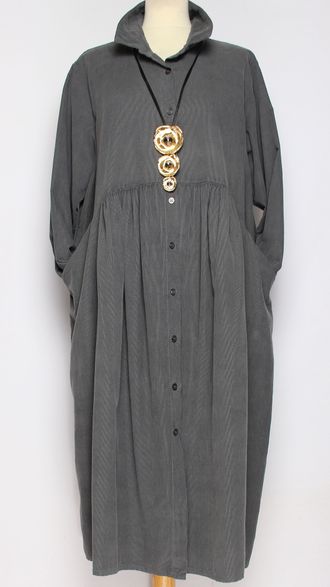 Платье-рубашка Бохо "КАРМАНЫ ЗАЩИПЫ" графит до р.54