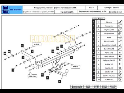 Фаркоп Балтекс для Renault Duster/Kaptur 2011-