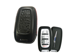 Чёрный кожаный чехол с красной прострочкой для ключа chrysler pacifica и voyager с 7 кнопками