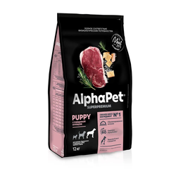 AlphaPet (АльфаПет) Superpremium сухой корм для щенков до 6 месяцев, беременных и кормящих собак крупных пород с говядиной и рубцом, 12 кг