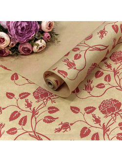 Бумага крафт упаковочная для подарков/цветов (принт "Вьющиеся розы" крафт/красный), 70см*10м