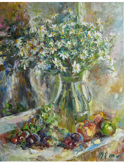 Натюрморт Фрукты с ромашками на окне Круглова Ирина